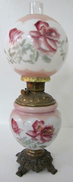 Rose Decorated Gone with the Wind Lamp: - Rose Decorated Gone with the Wind Lamp: not electrified; molded base; wick turner marked Made in U.S. of America; shade is a close match, but not an exact match to base; has chimney. (Shade ring has