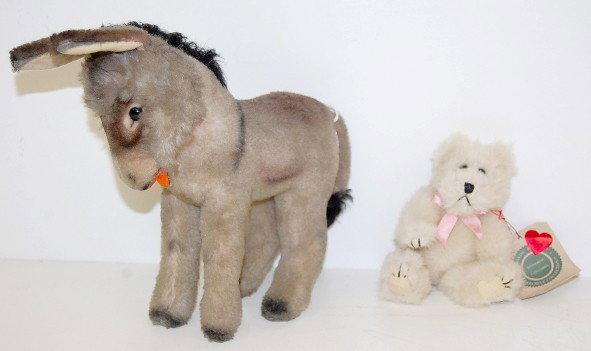 Steiff Donkey & Boyds Bear Stuffed Toys: - Steiff Donkey & Boyds Bear Toys: 1.) Steiff donkey; good condition; ear tag gone. 2.) Boyds Bear with paper tag; jointed arms and legs. No condition problems. Tallest 9 1/2" All items sell As Is, Wh
