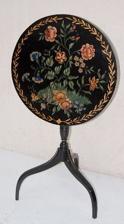 Rosemahl Painted Tilt Top Table: - Rosemahl Painted Tilt Top Table: tripod leg with nicely painted top. No condition problems. 37" when tilted; 20" diameter top *** Please note, this item is F.O.B. Marshalltown, IA, you must make shi