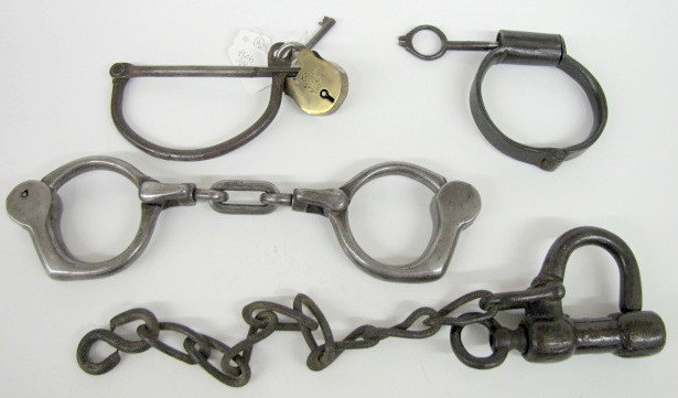 4 Antique Iron Leg or Wrist Padlocks/Handcuffs: 4 Iron Leg or Wrist Padlocks: 1.) Leg padlock; unmarked; has key; locks and unlocks; no chain. 2.) Bar half lock with British Make Secure Lock Padlock; with key; locks and unlocks; half loop fits thro