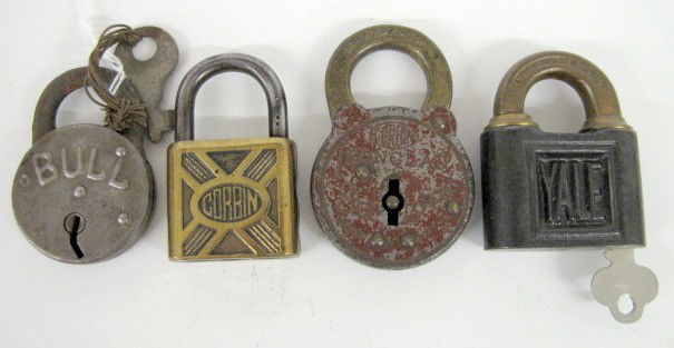 4 Vintage Padlocks, Yale, Corbin & Bull: 4 Vintage Padlocks: 1.) Steel and brass Yale, bar stamped Yale & Towne Mfg. Co. Stampford Conn U.S.A.; has a key not original to lock; does not unlock. 2.) Steel and brass Corbin Ironclad Six Lever Ma