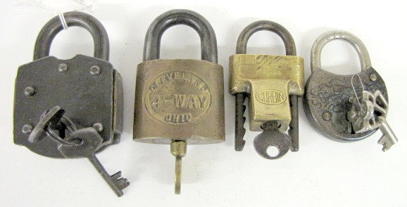 4 Vintage Padlocks w/Keys, Corbin & Others: 4 Vintage Padlocks w/Keys: 1.) Brass Corbin stamped RRA7 Made in U.S.A. Pat'd 7-25-22; key stamped RRA7; key turns, but we couldn't get it unlocked. 2.) Embossed Oak Leaf Made in U.S.A.; 2 keys; could