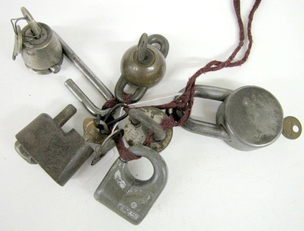 6 Vintage Odd Shaped Padlocks & Keys: 6 Vintage Odd Shaped Padlocks & Keys: 1.) American U.S.A. Hardened Series 10; with key; locks and unlocks. 2.) Bolt lock; key marked Hard; turn key to remove bolt. 3.) Junkunc Bors Mfg Co. Chicago Cyl