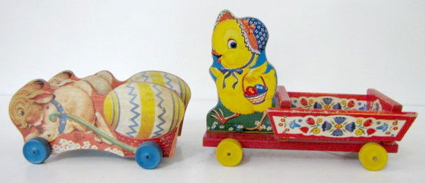 2 Fisher Price Easter Pull Toys: Chick & Bunny: 2 Fisher Price Easter Pull Toys: 1.) #400 chick with wagon; all original. (Wear to edges; no string.) 7" x 9 1/4" 2.) #28 bunny/egg wagon; all original. (Wear to edges.) 4" x 8" All items sell As Is,