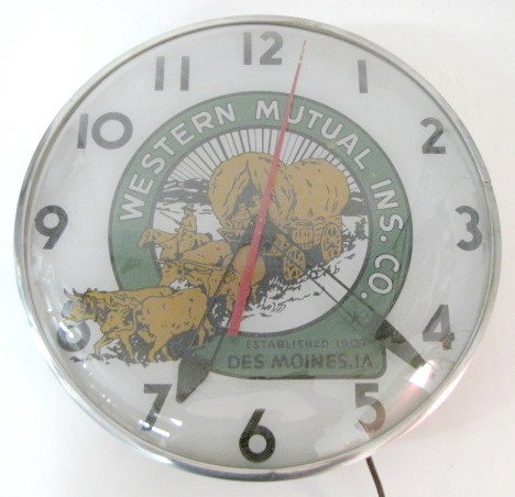 Lighted Insurance Adv. Clock Western Mutual: Lighted Insurance Advertising Clock: Western Mutual Ins. Co. Established 1907 Des Moines, IA. (Does not work.) 15" diameter All items sell As Is, Where Is, no guarantees of any kind. We accept Masterc