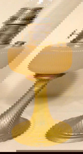 B-98 Rose Moonstone Queen Aladdin Lamp NR: B-98 Rose Moonstone Queen Aladdin lamp with working model B burner (no mantle) and Aladdin Pyrex chimney (Burner stuck in; no glass damage; finish losses to base & collar) No Reserve!