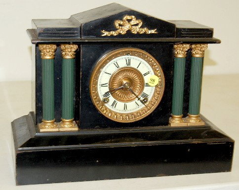 Ansonia Iron Case "Boston Extra" Mantle Clock: Ansonia Iron Case "Boston Extra" Mantle Clock: 8 day time and strike; hour and half hour gong strike; 4" unmarked porcelain dial; marked movement; has pendulum; no key. (Not running or striking; ename