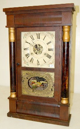 Seth Thomas Mahogany Half Splat Shelf Clock: Seth Thomas Mahogany Half Splat Shelf Clock: time and strike; weight driven; has key, pendulum and 2 weights; painted tin dial; bottom glass has a dove with ribbon and berries center and gold fruit an