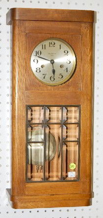 German Max Bohnel Beveled Glass Oak Box Clock: German Max Bohnel Oak Box Clock: time and strike; 5 1/2" metal dial marked Max Bohnel Wien; has key and pendulum; key winds; leaded glass in door; not tested for running condition. 23 3/4" All items s