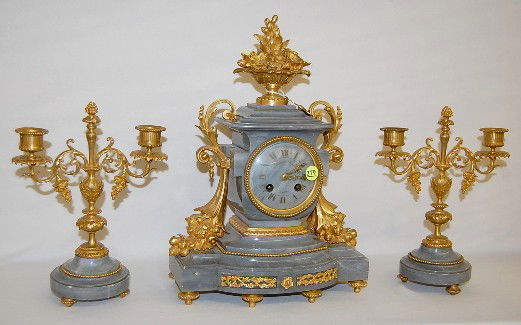French Japy Freres Marble Garniture Set: French Japy Freres Marble Garniture Set: 8 day time and strike; 3 1/2" marbleized porcelain dial, marked "Crouille Filas, Amiens"; movement marked Japy Freres and Troville A Amiens 6603; gray marble w
