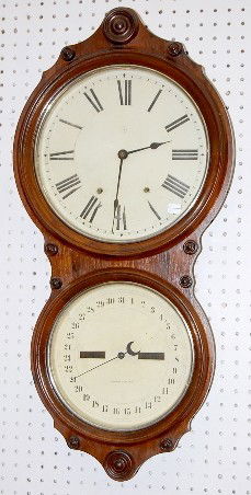 Rosewood Seth Thomas No. 6 Calendar Clock: Rosewood Seth Thomas No. 6 Calendar Clock: hanging double dial; time strike and calendar; nickel trim. (Lower dial has some roughness and paint touch up.) 32" All items sell As Is, Where Is, no guaran