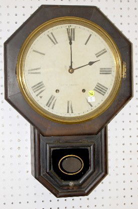 Seth Thomas Mahogany Octagon Short Drop Regulator: Seth Thomas Mahogany Octagon Short Drop Regulator: time and strike; 11 1/4" painted tin dial; no pendulum or key; painted lower glass; not tested for running condition. (Dial faded and discolored; cas