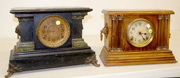 Seth Thomas & Sessions Mantle Clocks: Seth Thomas & Sessions Mantle Clocks: 1.) Seth Thomas adamantine black enamel; 8 day time and strike; 4 1/2" marked paper dial; has pendulum; no key; marked movement. (Dial very dark; no glass bezel;