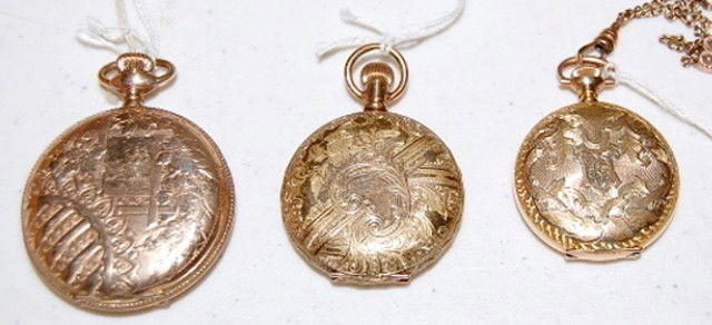3 Ladies Hunting Case Pocket Watches: Waltham 14K: 3 Ladies Hunting Case Pocket Watches: 1.) Hampden Molly Stark, No. 2630121. The SSD dial looks good. It is SW, LS. In a yellow Dueber 25 year case numbered 7853547. A ladies watch chain with slide is