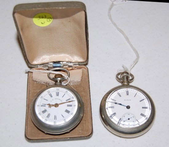 2 Pocket Watches: Elgin & F.E. Roskopf: 2 Pocket Watches: Elgin & F.E. Roskopf: 1.Elgin, 17J, 18S, SW, No. 13058283 with a full plate. The SSD looks good. In a white Dueber Silverine case, not numbered. Running at this tims. 2.) Roskopf, 16