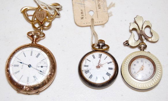 3 Ladies Watches: American & Swiss: 3 Ladies Watches: American & Swiss: 1.) American Waltham OF, DMK, serial number 9305866. The SSD looks good. In a yellow hinged, Philadelphia Victory Model case numbered 4148641. Attached is a watch c