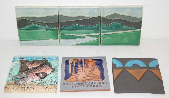 6 Decorative Art Pottery & Plaster Tiles: 6 Decorative Pottery & Plaster Tiles: 1.) 3 Motawi Tileworks "Riverscape" tiles. 2.) Karchner Caverns State Park tile. 3.) Artist tile signed but unreadable. 4.) Plaster Rainbow Trout tile. No conditi