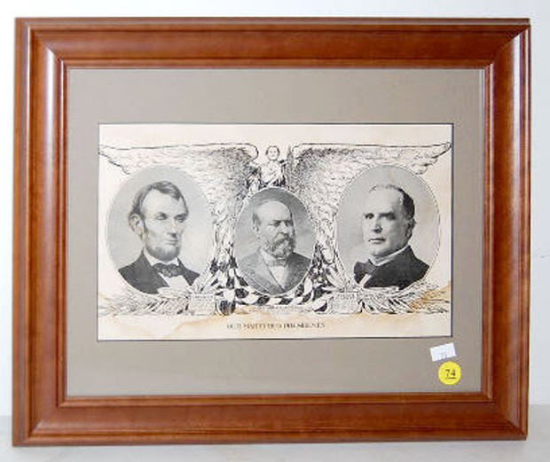 "Our Martyred Presidents" by D. Ferling: "Our Martyred Presidents" by D. Ferling: depicting Abraham Lincoln, James Garfield and William McKinley, w/ angel; artist signed; 1901; framed and matted. (Water stained.) Visible portion 7" x 11 1/2"