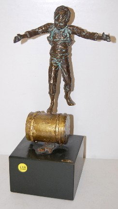 Bronze Boy on Barrel Statue, C. Jeri 1971: Bronze Boy on Barrel Statue, C. Jeri 1971: signed w/ metal tag; on wooden base. 15 1/2"; 5 1/2" base. All items sell As Is, Where Is, no guarantees of any kind. We accept MasterCard & Visa, no PayPal,