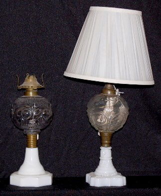 2 Civil War Era Pattern & Milk Glass Kero Lamps: 2 Vintage Pattern & Milk Glass Kero Lamps: 1.) Bull's Eye pattern font with patterned base; electrified through collar. 2.) Scroll pattern font on a six sided milk glass base. No condition problems. 1