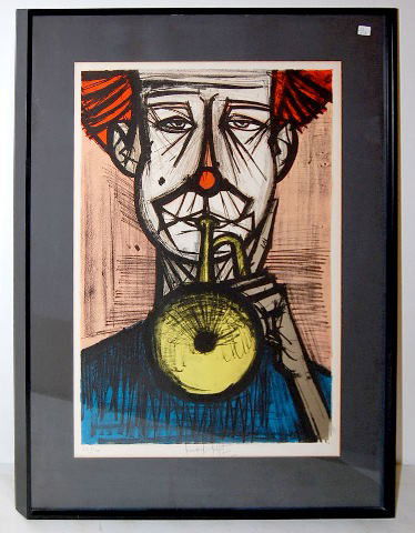 Bernard Buffet Framed Musical Clown Poster: B. Buffet Framed Musical Clown Poster: Depicting a white faced clown blowing a horn; artist signed Bernard Buffet 62/120, listed artist. Framed and matted. Visible portion 28 x 19 1/2"; framed 36" x 2