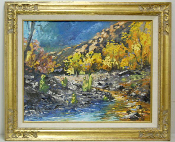 P.B. Wilson Framed Landscape Oil on Board: P.B. Wilson Framed Landscape Oil on Board: Depicting an autumn, desert stream scene of the Pecos River, Hidden Valley, NM - as stated on the back; artist signed PB Wilson, listed artist; also on the b