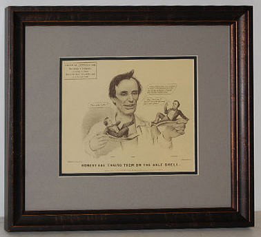Currier & Ives Political Oyster House Advertising: Currier & Ives Political Oyster House Advertising: titled "Douglas on the Half Shell Breckenridge on the Hard Shell"; depicts a younger Abraham Lincoln; holding Douglas on a soft shell and Breckenridg