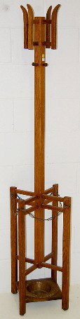 Arts & Crafts Oak & Copper Hall Tree: Arts & Crafts Oak & Copper Hall Tree: 4 hooks with chain umbrella holder and copper drip pan; unmarked. No condition problems. 70" Tall; 12" square base. This item ships F.O.B., this means you, the bu