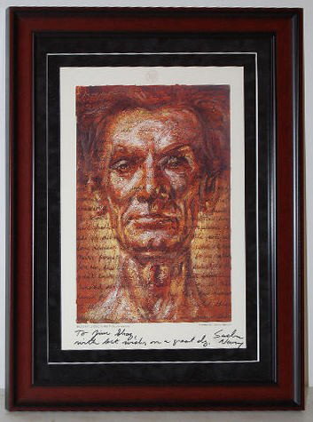 Head of Abraham Lincoln Print by Sacha Newley: Head of Lincoln Print by Sacha Newley: depicting the head of Lincoln w/ the text of the Gettysburg Address; original painting by Sacha Newley; on bottom of print is written to Jim Shay w/ best wishes;