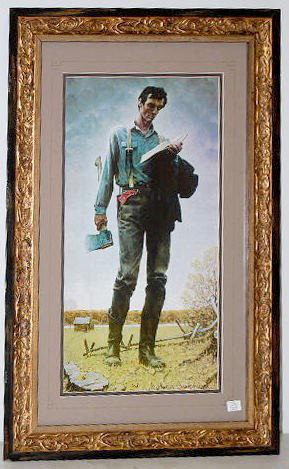 Norman Rockwell "The Young Woodcutter" Print: N. Rockwell Framed "The Young Woodcutter" Print: Depicting Abe Lincoln reading a book and carrying an axe; artist Norman Rockwell. Nicely framed and matted. (Frame has a small chip on the bottom.) Vis