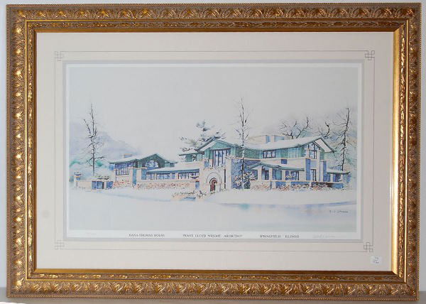 R. J. Johnson Watercolor of Dana Thomas House: R. J. Johnson Framed Watercolor of D-T House: Depicting a watercolor of the Dana-Thomas House, Frank Lloyd Wright Architect, Springfield, Illinois; Robert J. Johnson 156/250 in pencil. Nicely framed a