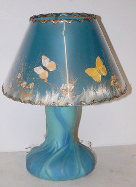 Van Briggle Pottery Molded Relief Lamp & Shade: Van Briggle Pottery Molded Relief Lamp: bottom has felt on it so we can't see the mark; green to blue glaze w/ molded relief leaves and buds; original Van Briggle shade, blue w/ butterflies and flower