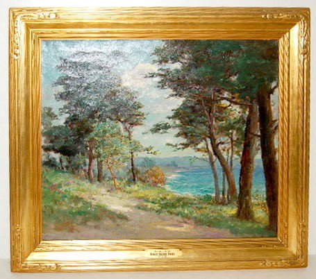 Dedrick Brandes Stuber "California Seascape": Stuber Framed "California Seascape" Oil on Canvas: Depicting the sea, trees in the foreground and mountains in the background; artist signed Dedrick B Stuber; metal tag reads "California Seascape" Ded