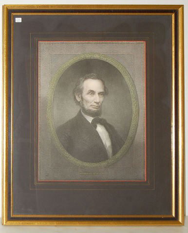 Hand Colored Engraving of Abraham Lincoln: Hand Colored Engraving of Abraham Lincoln: the famous oval portrait adapted from the photograph of Lincoln and engraved on the 5 dollar bill; by Mark William Edgar Marshall, listed artist; tagged on b