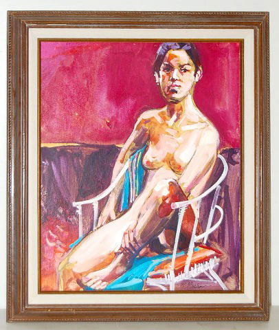 Walter Moskow "Irish Girl" Acrylic Painting: W. Moskow "Irish Girl" Acrylic Painting: Depicting a nude girl seated in a white cane chair; artist signed W Moskow; title, artist and medium listed on back; includes artist history. Framed. No condit