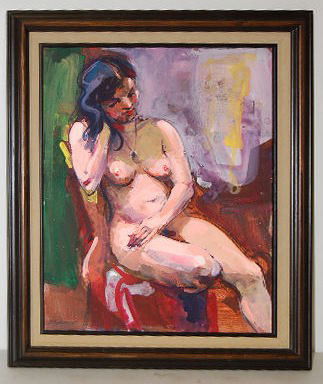 W. Moskow "Cara" Tempera & Acrylic Painting: W. Moskow "Cara" Tempera & Acrylic Painting: Depicting a nude woman sitting in a chair; artist signed W Moskow 01; paper attached to the back gives name of piece and artist. The medium is listed on th