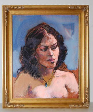 W. Moskow Framed Tempera & Acrylic Painting: W. Moskow Framed Tempera & Acrylic Painting: Depicting a dark haired masculine looking woman with a necklace; artist signed W Moskow; on the back - Walter Moskow December 2005. Nicely framed. No condi
