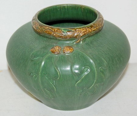 Ephraim Faience Pottery Oak Leaf Vase: Ephraim Faience Pottery Oak Leaf Vase: marked on bottom; signed Laura Klein; green glaze w/ molded oak leaves and acorns; w/ document. No condition problems. 5 1/2"T All items sell As Is, Where Is, no