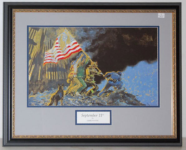 J. Wyeth Painting "September 11": J. Wyeth Painting "September 11": depicting firemen and NYPD planting an American flag in the rubble from the towers; listed artist; nicely framed and matted. (One tiny chip on a corner.) 10 1/2" x 17