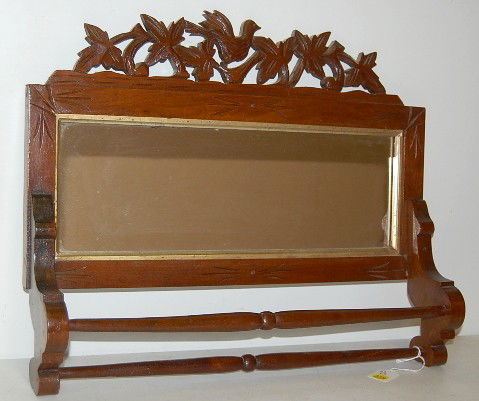 Carved Hanging Towel Rack w/ Bird & Mirror: Carved Bird Mirrored Hanging Towel Rack: Carved bird and leaf top with 2 towel bars. No condition problems. 17" x 20 1/4" x 4". All items sell As Is, Where Is, no guarantees of any kind. We accept Mas