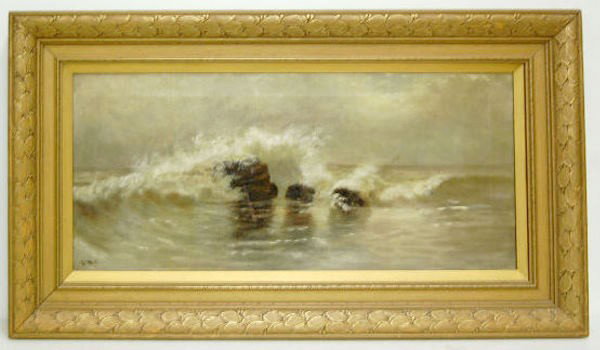 B.M.Clute Framed Seascape Oil on Canvas: Clute Framed Seascape Oil on Canvas: Depicting waves crashing on rocks; muted colors. Artist signed B.M.C.(Beulah Mitchell Clute nee Mrs. Walter Marshall). Nicely framed. (There is a repair in the mid