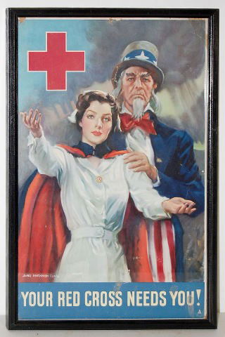 J.M. Flagg Framed Red Cross Poster, Uncle Sam: J.M. Flagg Framed Red Cross Poster: depicting a nurse and Uncle Sam with a red cross and "Your Red Cross Needs You!"; signed James Montgomery Flagg, listed artist; framed 19 1/2" x 12 1/2" (Some small
