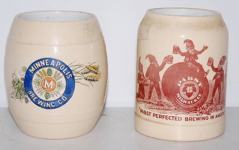 2 Ceramic Advertising Mugs, MN Brewing Co.: 2 Ceramic Advertising Mugs: 1.) Advertising Minneapolis brewing Co. barrel shaped; incised 4/10L by the handle; bottom marked Villeroy & Boch Mettlach Made in Germany; incised 2217 23 III 97. No condi