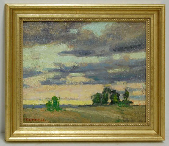 C. Donnell Framed Landscape Oil on Board: C. Donnell Framed Landscape Oil on Board: Depicting an abstract landscape with a dark sky; artist signed Donnell (Carson Donnell), listed artist; Illinois landscape artist 1885 - 1969. Framed. No cond