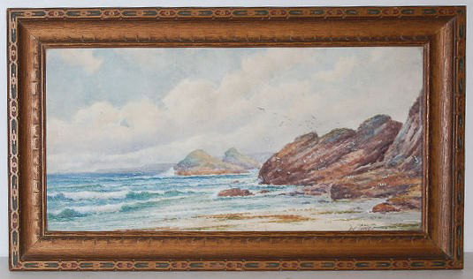 W. Sands Framed Seascape Watercolor: W. Sands Framed Seascape Watercolor: Depicting a rocky shore with seagulls; artist signed W Sands (alias Thomas Henry Victor 1894-1980); listed artist. Framed. Visible portion 9 1/2" x 19 1/4"; framed