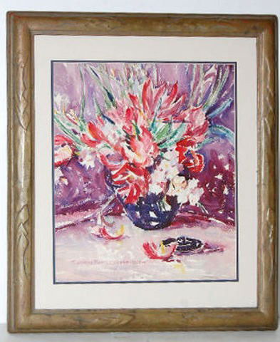 F.B. Smithburn Framed Still Life Watercolor: F.B. Smithburn Framed Still Life Watercolor: Depicting red and white floral still life with gladiolas; artist signed Florence Bartley Smithburn (1904 - 1989). Comes with artist history and provenance.