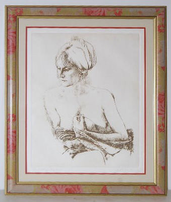 H. L. Fink Framed Etching of a Young Woman: H. L. Fink Framed Etching of a Young Woman: Depicting a torso and head of a young woman wrapped in a blanket; titled "Portrait of a Young Woman"; artist signed Herbert L. Fink 1974 23/100; nicely fram