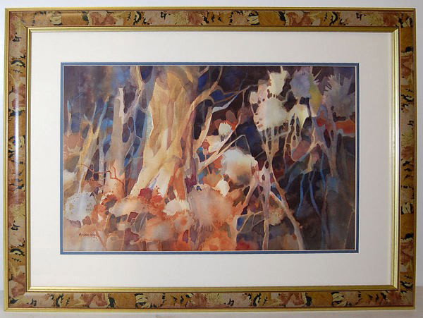 Madden-Work Framed "Seed Stalks" Watercolor: Madden-Work Framed "Seed Stalks" Watercolor: Depicting seed stalks; artist signed Madden-Work (Betty Madden-Work). Nicely framed and matted. Visible portion 14" x 21 1/8"; framed 23 1/2" x 30 1/2". Bu