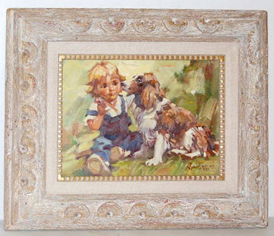 G. Schildt Framed "Pals" Oil on Canvas: G. Schildt Framed "Pals" Oil on Canvas: Depicting a young child with a dog; artist signed G Schildt, 1983; listed artist. Nicely framed. No condition problems. Visible portion 11 1/2" x 15 1/2"; frame