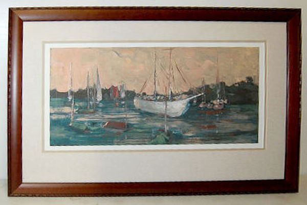 William Bradley Framed Boats Pastel: W. Bradley Framed Boats Pastel titled "Returning of the Appledore III"; depicting a fishing boat coming in from the sea; artist signed William Bradley 16/75; artist biography on the back; nicely frame